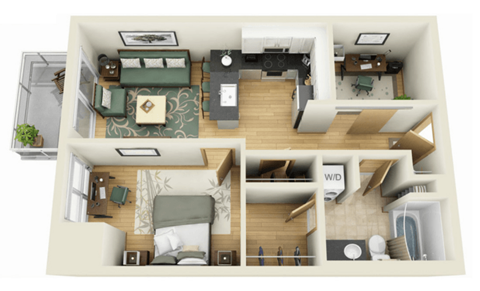 Floor plan for 1 bed, 1 bath, 679 sqft